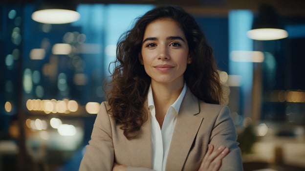 Confident businesswoman, office night portrait photo