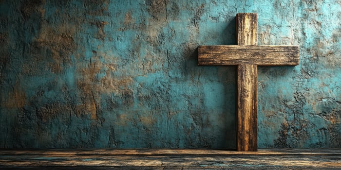 Wooden cross stands against a textured blue wall in a quiet interior space photo