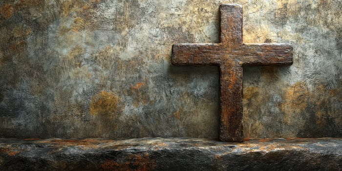 Rustic cross on a worn stone altar against a textured wall capturing a sense of solemnity and heritage in a dimly lit space photo