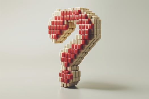 A creatively arranged question mark made of small cubes, showcasing a blend of beige and red colors, symbolizing inquiry and curiosity. photo