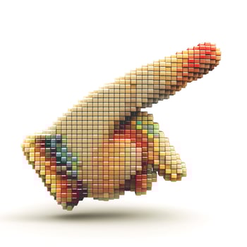 A pixelated hand pointing right, created with colorful blocks for a modern artistic feel. photo