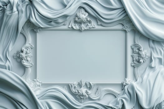 Elegant light blue ornate frame with folds of silk draping around it, creating a luxurious and sophisticated atmosphere. photo