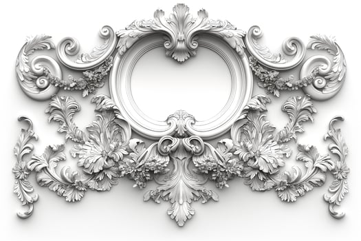 Exquisitely detailed white ornamental frame featuring intricate floral designs and curves, perfect for classic decor. photo