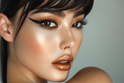 Close-up portrait of a young Asian woman with stunning makeup and a flawless complexion. photo