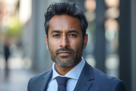 Confident South Asian businessman in a tailored suit, expressing determination and professionalism in an urban setting. photo