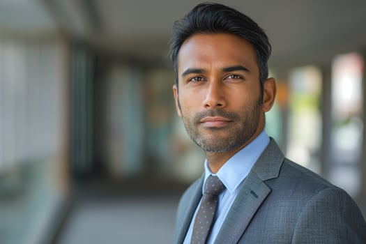 A confident South Asian man in his 30s wearing a suit, stands in a modern office setting, exuding professionalism and poise. photo