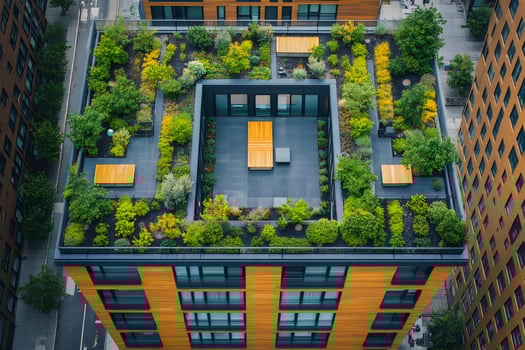 Green roof garden enhancing modern building's sustainability and urban landscape photo