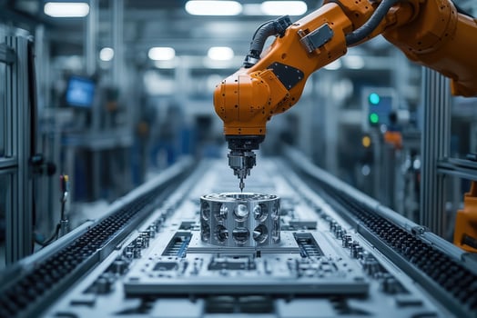 Robotic arm working on metal detail in modern factory photo