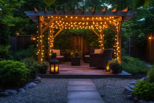 Wooden pergola illuminating backyard patio in the evening photo
