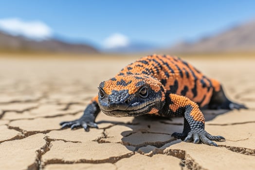 Gila monster crawling on cracked desert soil under blue sky .. photo