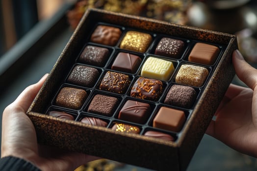 Pastry chef holding box of delicious gourmet chocolates.. photo