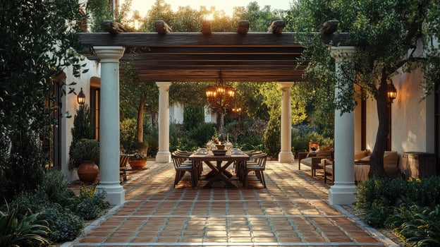 Elegant outdoor dining area with pergola and chandeliers photo