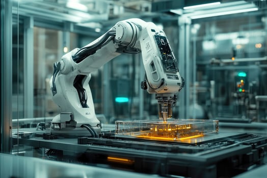 Robotic arm working on microchip production line in modern factory photo