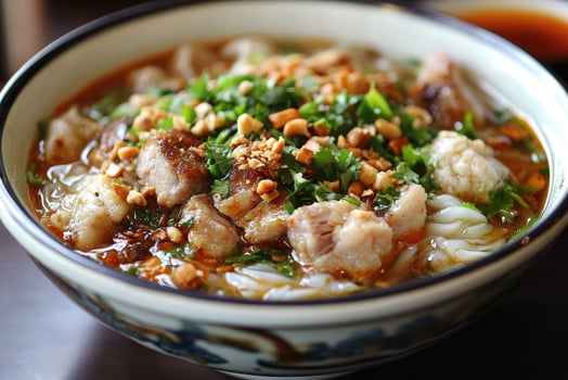 Delicious noodle soup garnished with fresh herbs photo