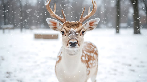 Fallow deer standing in snowy forest during snowfall photo