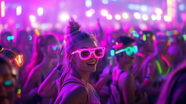 A woman wearing neon sunglasses at a music festival photo
