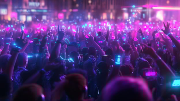 A crowd of people at a concert with neon lights photo