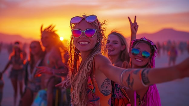 A group of people at a festival with their arms up in the air photo