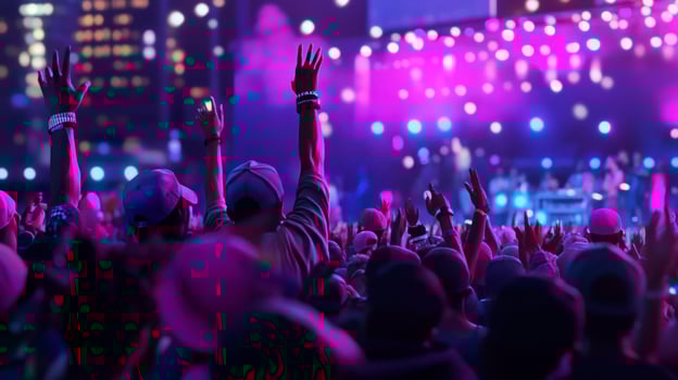 A crowd of people at a concert with their hands up photo