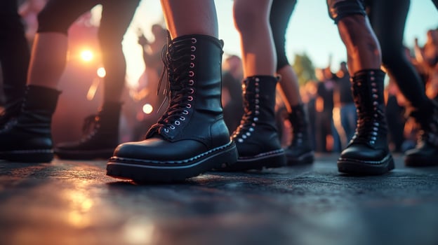 A group of people wearing black boots standing on a street photo