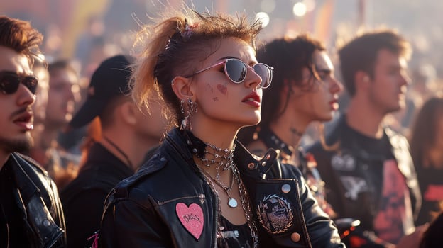 A woman in a leather jacket and sunglasses at a concert photo