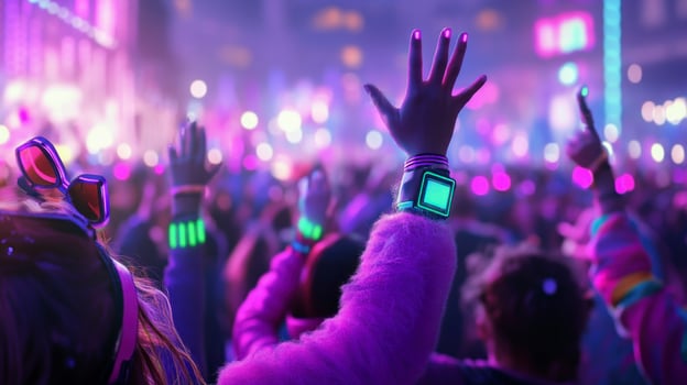 A crowd of people at a concert with their hands up photo
