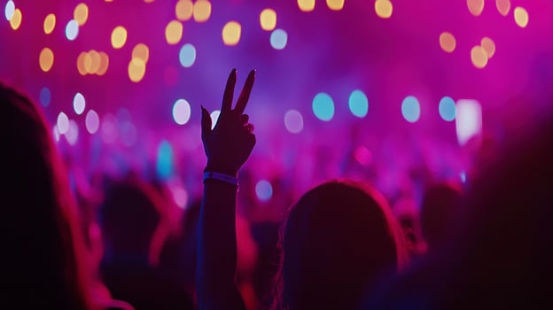 A person at a concert with their hands up photo