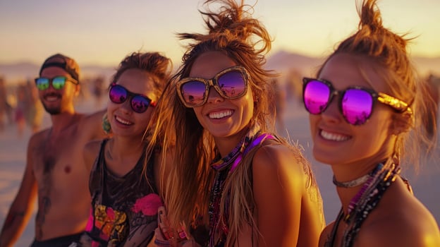 Three women wearing sunglasses at a music festival photo
