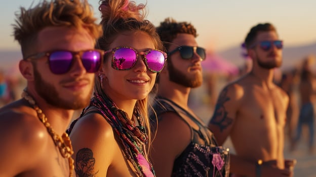 A group of people wearing sunglasses at a music festival photo