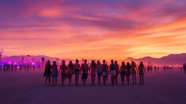 People stand in a line at sunset on a beach photo