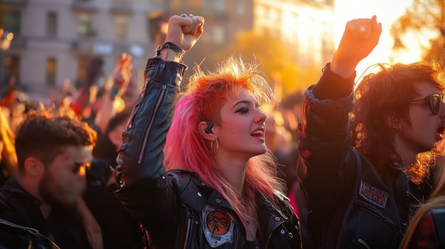 A woman with pink hair and a leather jacket is raising her fist photo