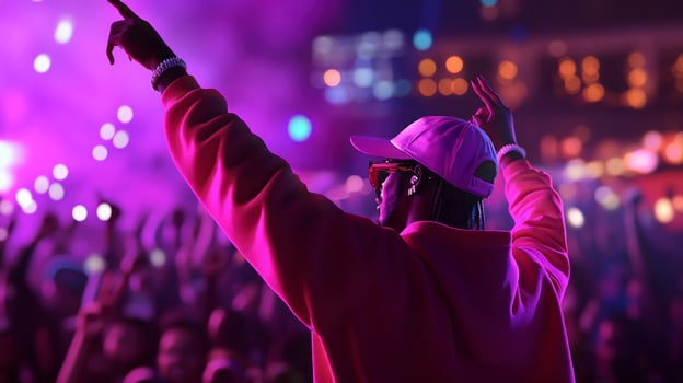 A man in a pink hoodie is at a concert photo
