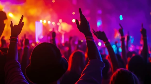 A crowd of people at a concert with their hands up photo