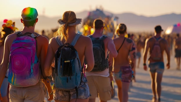 A group of people walking on the beach with backpacks photo