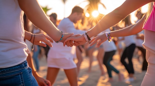 Group of people holding hands at the beach photo