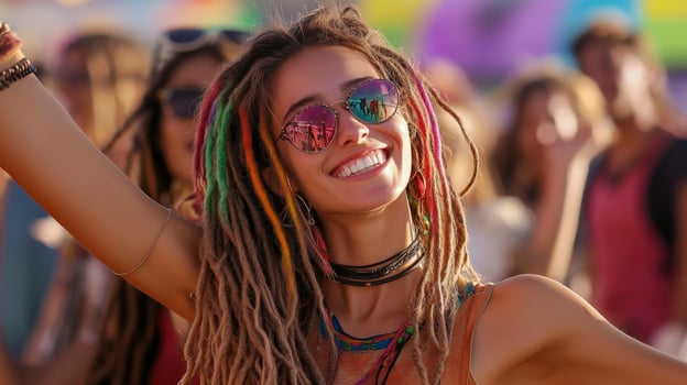 A woman with dreadlocks and sunglasses at a music festival photo