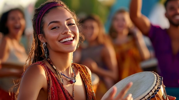 A woman is smiling while holding a drum photo