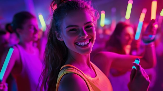 A woman holding a neon light stick at a party photo