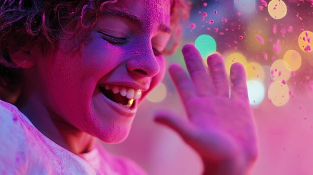 A young girl is covered in pink powder photo