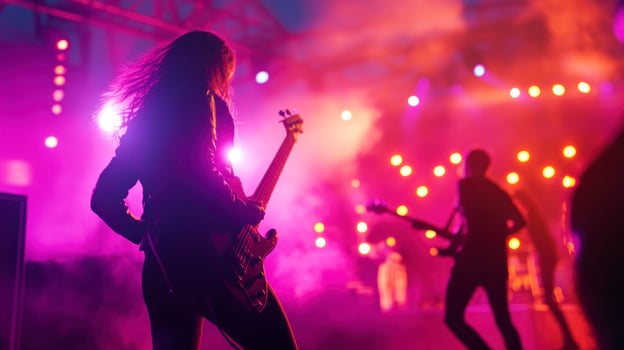 A group of people playing guitar on stage photo