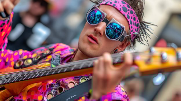 A man in a colorful outfit playing a guitar photo