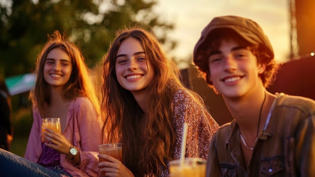 Three young people sitting on a bench with drinks photo