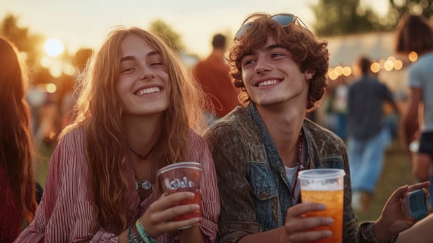 Two young people sitting at a music festival photo