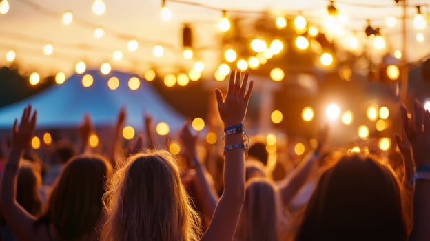 A crowd of people at a music festival with their hands up photo