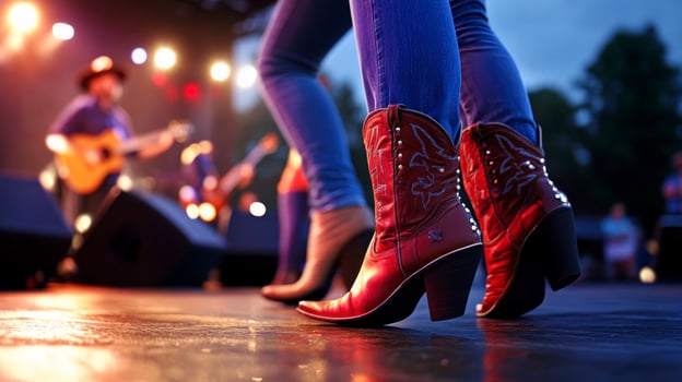 A woman in cowboy boots and jeans is standing on a stage photo