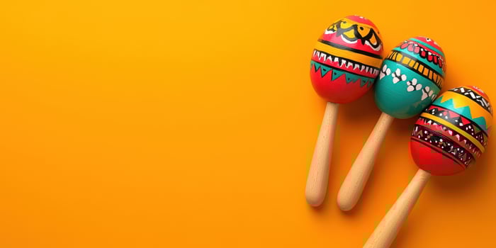 Colorful handcrafted maracas displayed on vibrant orange background with intricate designs and patterns photo