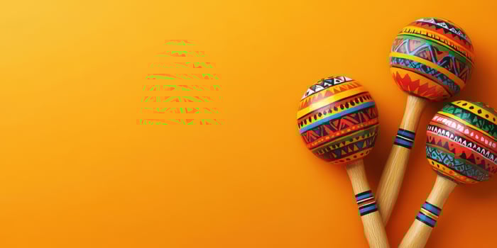 Colorful maracas arranged on a vibrant orange background showcasing traditional patterns and craftsmanship photo