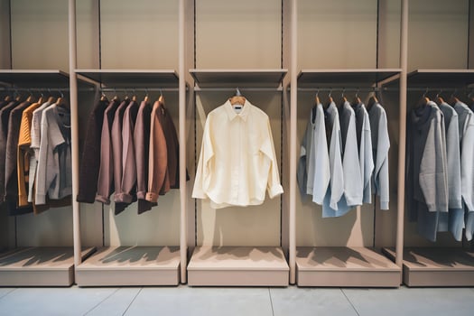 Clothing store with neatly arranged jackets and a standout white shirt photo