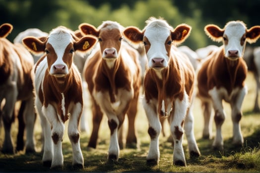 looking calves Herd young camera agricultural pasture cute farmer little field summer pastoral rural background farm cattle farmland agriculture sky country breed stock photo