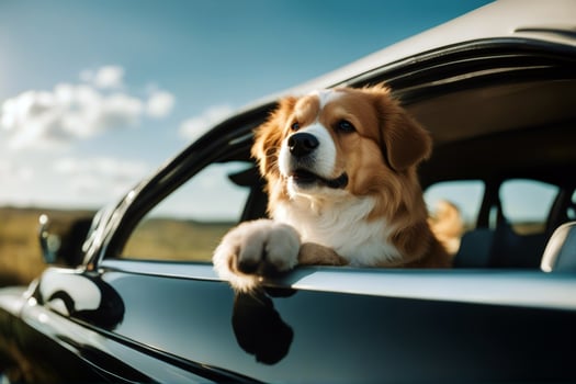 window car dog happy looking english bulldog fun companion tongue animal funny sitting expression pet hound blue vacation travel drive vehicle holiday ride head summer photo